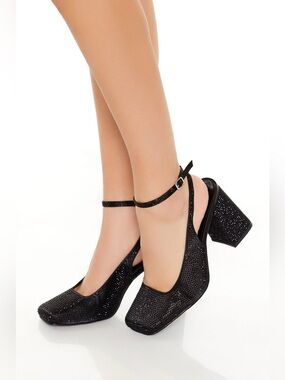 Black rhinestone sparkly block square toe heels pumps 8 glam wedding guest party